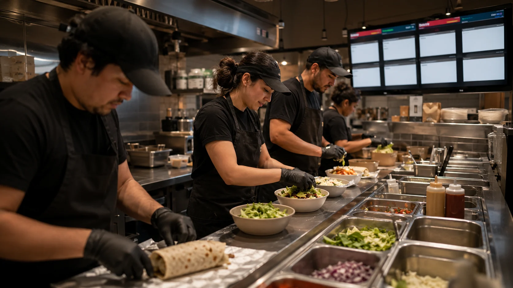 Busy restaurant kitchen staff preparing rush-hour orders.