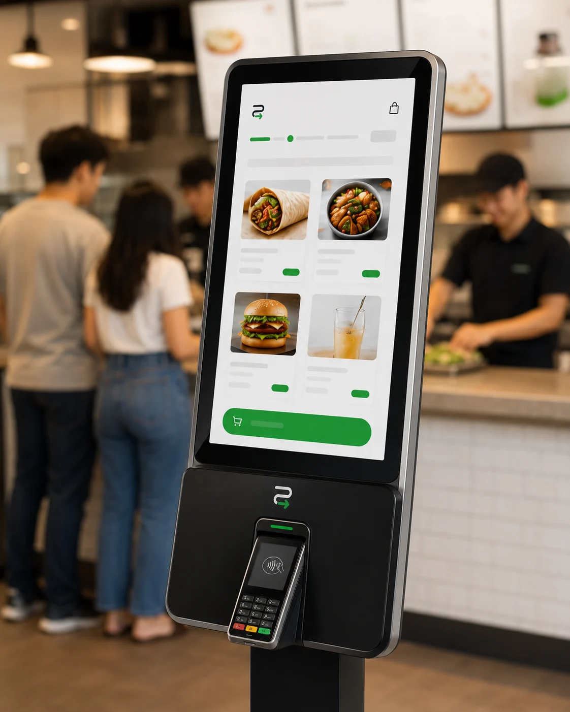 Relay self-ordering kiosk with payment terminal inside a busy fast-casual restaurant.